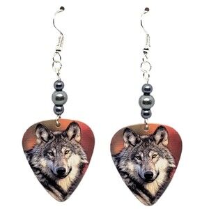 Wolves Wolf Face on Orange Guitar Pick Beaded Earrings - Handmade in USA